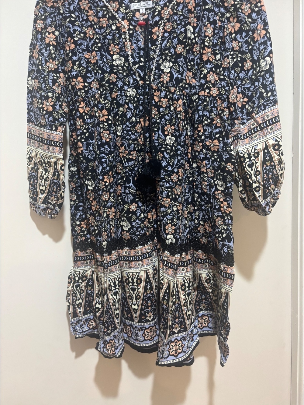 Boho Cottagecore Floral Mini Dress Prairie Festival Lace Tassel Women’s 8